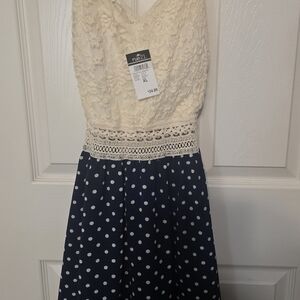 Rue21 Cream Lace Top with Navy Polka Dot Skirt